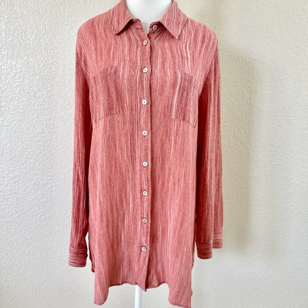 Soft Surroundings M Coral Pink Tunic Shirt Button Front Back Viscose Long Sleeve